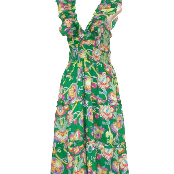 Caroline Constar Cotton Green Floral Print Maxi Dress Size:L - Picture 1 of 6